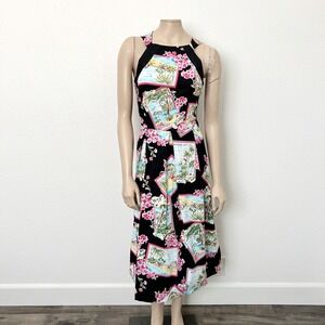 [Eva Franco] Postcard Travel Novelty Print High Neck Halter Midi Dress NWT Sz 12